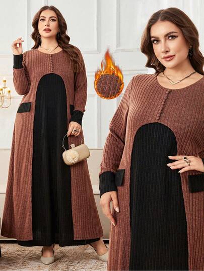 Al Najma Plus Size Women Turkish Arabic Style Patchwork Long Sleeve Casual Comfortable Dress, Autumn/Winter Kaftan Jalabiya Dress