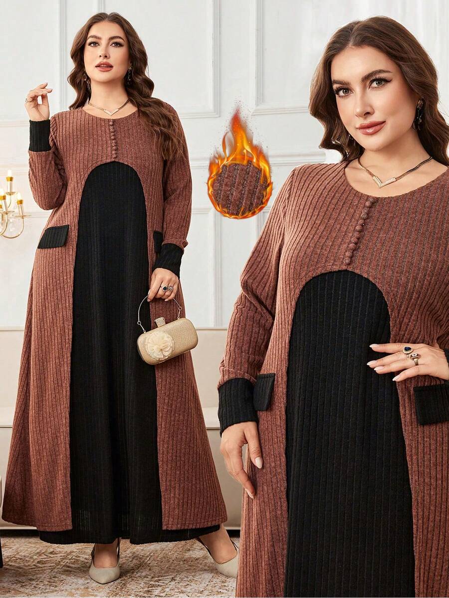 Al Najma 大码女式土耳其阿拉伯风格拼接长袖休闲舒适连衣裙，秋冬款