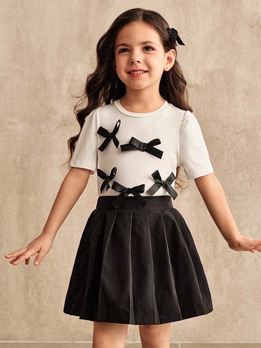 SHEIN Girls Elegant Solid All-Match Versatile 3D Bow Ruffle Short Sleeve Cropped Knit T-Shirt + Fitted Flare Pants Knit Set - Black - View 1