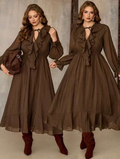 Roveilla Plus Size Women's V-Neck Ruffle Trim Tie Waist A-Line Long Sleeve Maxi Dress, Romantic Vacation Style, Elegant French Vintage Office Commute Business Casual Street Chic Minimalist Classic Middle Eastern Luxury Party Christmas Thanksgiving Afternoon Tea New Year Spring Autumn Winter Lantern Sleeve Dress French Style Dress Coffee Brown Dress Brown Elegant Dress Women Earth Tone Dress