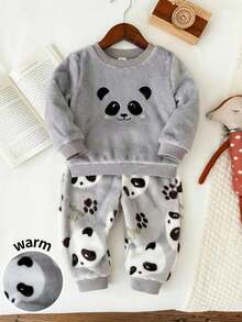 LMoss Kids LMoss 2pcs Baby Boy Panda Print Crew Neck Long Sleeve Pullover Sweatshirt And Elastic Cuff Thick Pants Set,Pajama Set, Perfect For Autumn And Winter Wear, Featuring A Cute Panda Pattern. - Multicolor - View 3