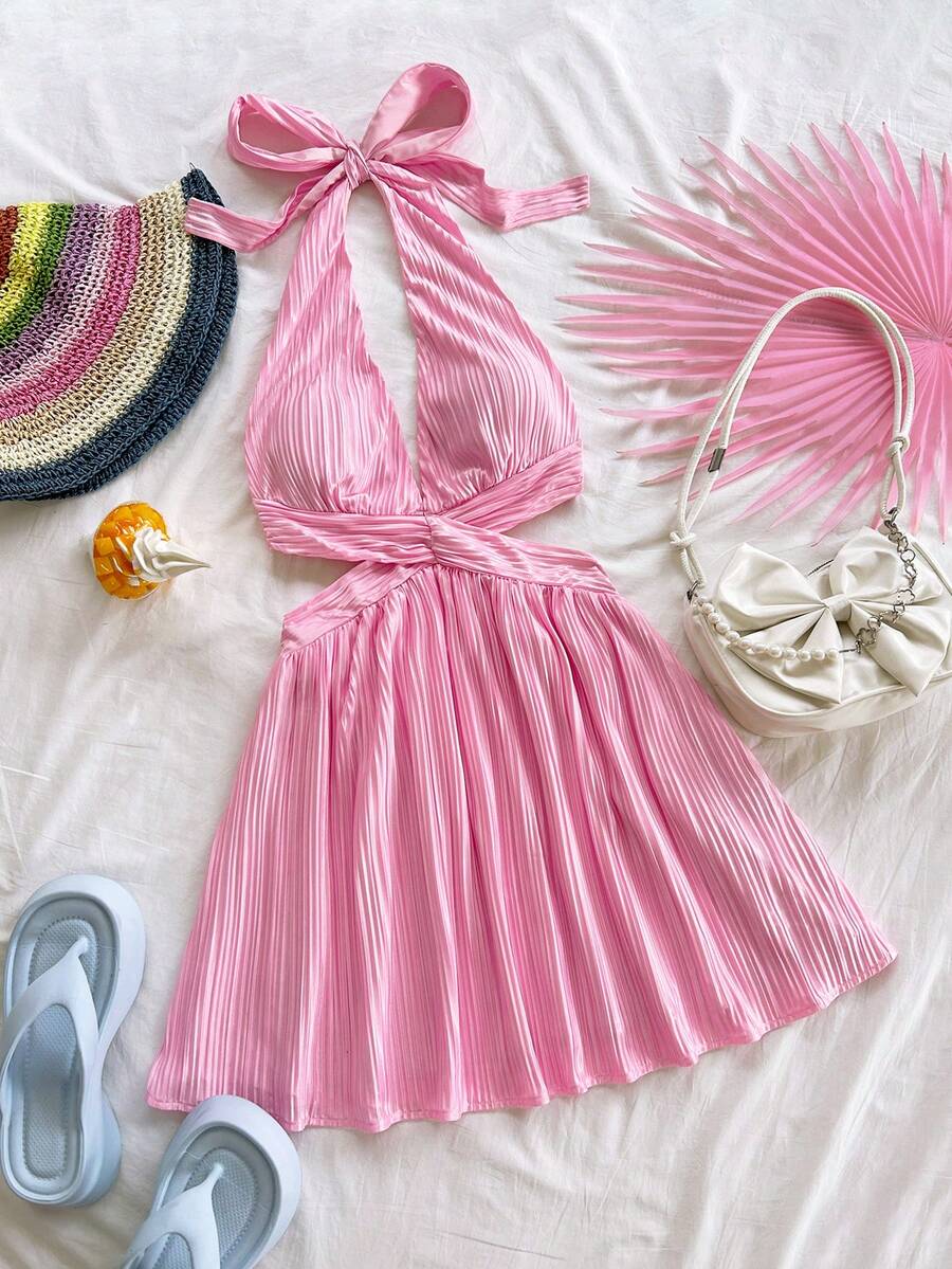 Soleia Hellgelbes Minikleid mit Twist-Vorderseite und rückenfreiem Design für Frauen - Pink - Übersicht 1