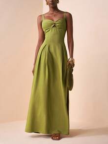 Zivah 2026春夏波西米亚风可调节吊带连衣裙，扭结设计，A字廓形，收腰，绿色亚麻褶皱面料 - 綠色 - 查看 7