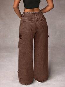 SHEIN ICON 女士休闲工装宽松阔腿牛仔裤 - 咖啡棕 - 查看 2