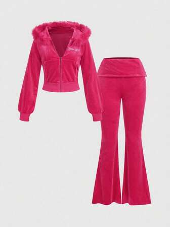 Grunge Punk Conjunto de 2 piezas de sudadera corta con capucha de terciopelo con gráfico de strass y pantalones acampanados de tiro bajo para mujer, estilo Y2K