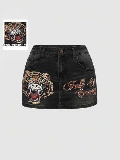 ROMWE Avant Minigonna aderente con stampa tigrata e decorazioni in strass, stile Y2K vintage. Gonna di jeans taglie forti.