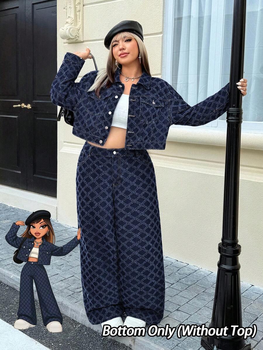 SHEIN ICON 大码女式牛仔钩编直筒裤 - 深色水洗藍 - 查看 1