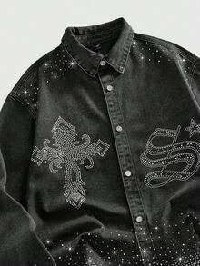 ROMWE MEN Men's Cross Rhinestone Embellished Single-Breasted Denim Jacket - Black - View 4