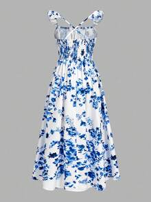 Tween Girls' Vacation Casual Ditsy Floral Backless Dress With Slit - Navy Blue - View 3