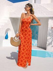 Vivid Eden Đầm nữ kiểu Bohemian cổ yếm xẻ cao họa tiết hình học, thích hợp cho kỳ nghỉ hè ở bãi biển. - trái cam - Xem 3