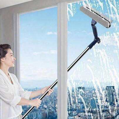 Herramienta de limpieza de ventanas todo en uno: Escurridor multifuncional ajustable con cepillo para ranuras y raspador de alto alcance para el hogar, exteriores, automóvil, vidrio de ducha y gasolineras
