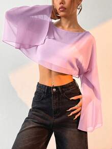 SHEIN EZwear قميص نسائي قصير نصف شفاف بلون سادة عصري وكاجوال - وردي فاتح - مشاهدة 3