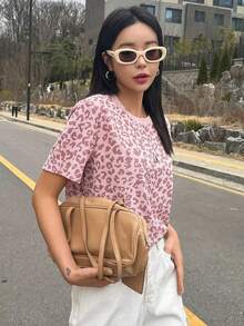 Camiseta de manga corta de corte holgado con cuello redondo y estampado de leopardo, ropa de otoño - Rosa - Ver 6