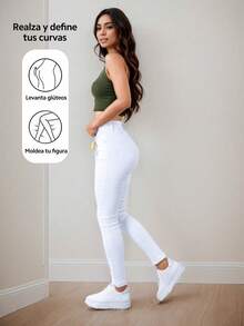 Pantalón De Mezclilla Mujer Ajustado Stretch De Talle Alto - Blanco - Ver 4