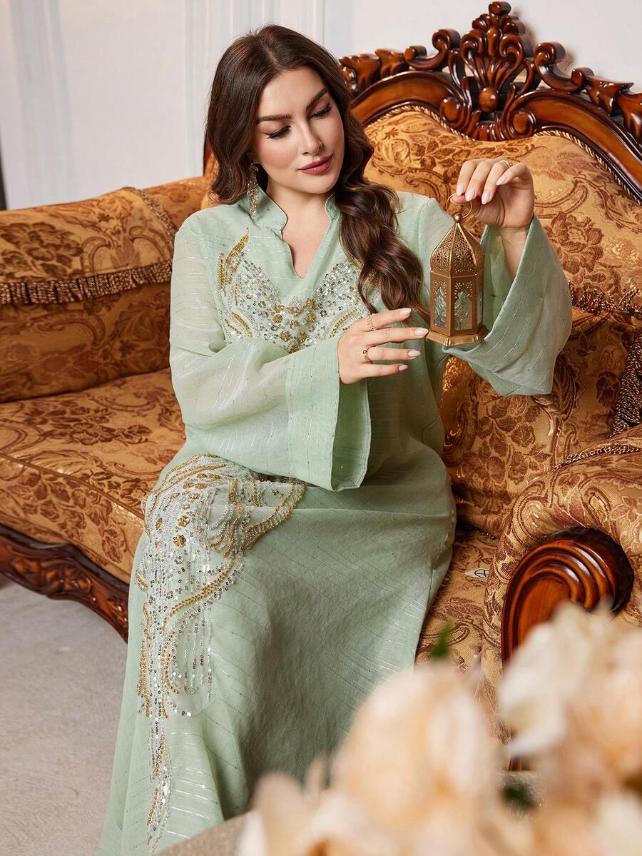 Layrah 大码女式亮片装饰V领长袖优雅奢华阿拉伯风格长裙