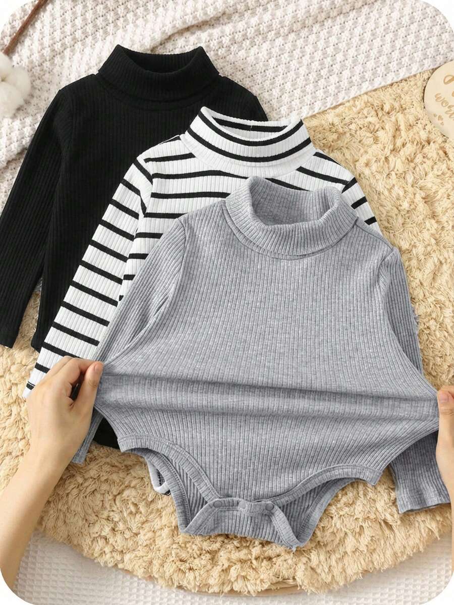 SHEIN 3件套新生儿男女宝宝加厚保暖纯色高领长袖连体衣裤套装，舒适百搭，时尚休闲，适合室内、室外、日常穿着、运动、玩耍、派对、摄影、节日、万圣节等秋冬季场合。 - 彩色 - 查看 1