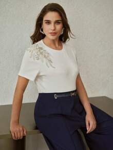 MOTF PREMIUM CAMISETA DE MANGA CORTA CON BORDADO DE CUENTAS DE STRASS - Blanco - Ver 6