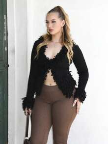 Arliah 复古毛边针织开衫，Y2K 90年代风格，适合春季、夏季、节日、秋季、冬季日常穿着，也适合办公室、圣诞节、晚宴等场合，尽显优雅气质。 - 黑色 - 查看 5