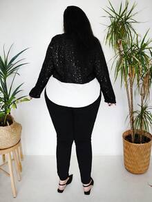 Truni Sometimesglam Plus Size Women's Fashionable Shiny Long Sleeve Versatile Blouse, Autumn/Winter, For Pear Triangle Body Shape - Black and White - View 8