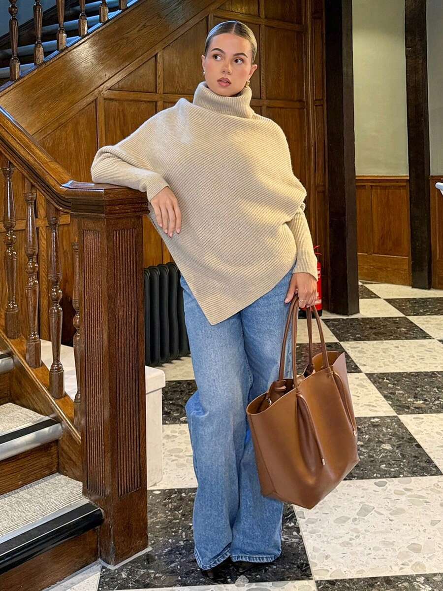 Bethéva 女士新款露肩裹身长款毛衣，乳白色，秋冬 - 米色 - 查看 1