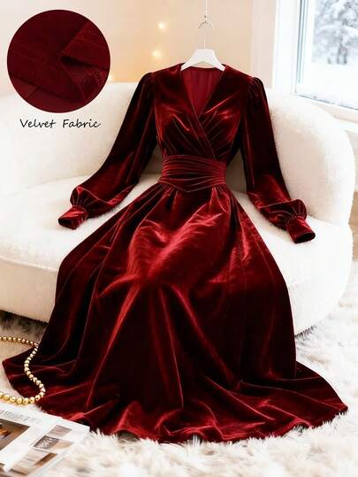 GlowEve 女士针织天鹅绒收腰A字连衣裙，优雅日常通勤时尚法式街头复古百搭圣诞派对新年假期商务红色，长袖，秋冬