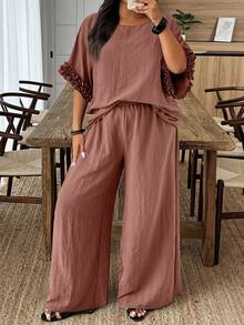 Weeklong 大码女式休闲纯色上衣和裤子两件套 - 玫瑰紅 - 查看 1