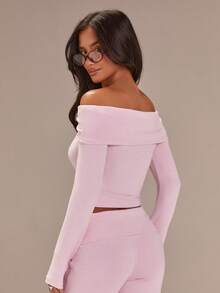 Athîral Blusa de punto de hombros descubiertos de manga larga en color rosa claro, elegante y suave, elástica, para usar en invierno, casual y elegante para fiestas, de tela de punto cómoda y suave, blusas rosas, looks para Año Nuevo, Navidad y San Valentín - Rosa - Ver 5