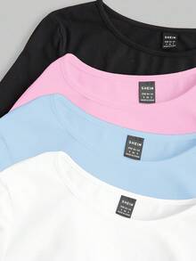SHEIN EZwear 多色针织女式圆领长袖褶皱修身T恤多件装上衣长袖露脐上衣紧身衣女式长袖上衣夏季长袖上衣 - 彩色 - 查看 6