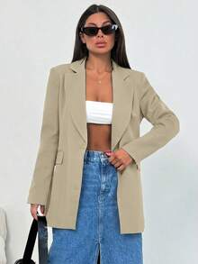 SHEIN Cottnline 女士纯色翻领长袖休闲办公西装外套 - 米色 - 查看 7