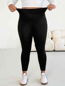 SHEIN Essnce Quần legging nữ cỡ lớn thời trang xuân/hè, co giãn tốt, thoải mái, cơ bản, đa năng, tôn dáng, cạp cao, màu đen có túi, quần nữ, thời trang đường phố, quần ôm dáng, mùa xuân. - màu đen - Xem 5