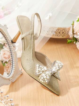 CUCCOO HITCHD Women's Fashionable Elegant Party Rhinestone Studded Bow Decor Pointed Toe Pumps