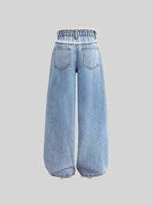 SHEIN Girlism Tween Girl Spring Summer Light Lace Trim Pocket Pearl Decor Loose Wide Leg Blue Denim Jeans, Vestidos Elegant Para Fiesta, New Year Elegant,Pants For New Year's Eve, Streetwear Vintages, Comfortable And Versatile, For 8-12 Years Old Girls, Suitable For School, Home And Travel - Light Wash - View 2