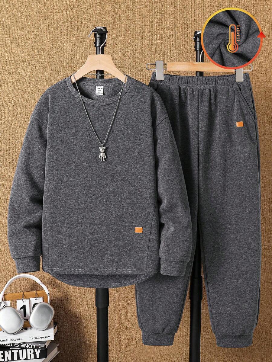 SHEIN 2 件套青少年男孩圆领贴片运动衫和运动裤套装，适合通勤、学校、休闲、运动、秋冬季、羊毛、加厚返校服 - 灰色 - 查看 1