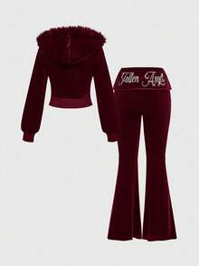 ROMWE Grunge Punk Y2K 丝绒水钻印花短款连帽衫和低腰喇叭裤两件套女装 - 酒紅色 - 查看 2