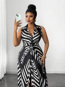 Maweii Plus Size Women Casual Striped Knit Twist Design Dress - Black and White - View 6