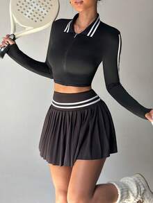 Dewbera 女士拉链领条纹长袖上衣和百褶裙高尔夫运动服