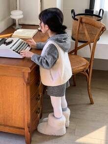 DAZY Young Girl' Hooded Solid Color Knitted Sweater And Knitted Shorts Set - Grey - View 2