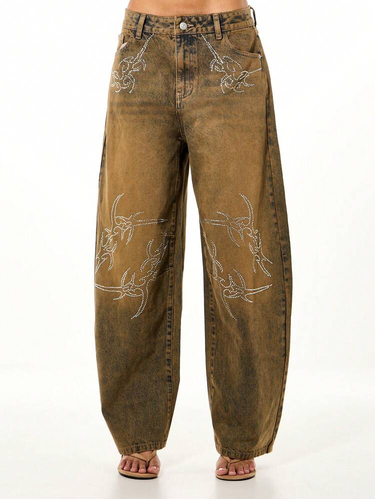 SUMWON WOMEN Jeans a gamba larga con strass a vita bassa