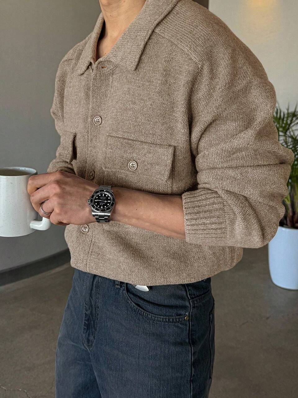 Solid Color Cardigan With Dual Chest Pockets Design, Khaki Men Sweater, Autumn Vacation