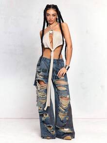 ROMWE J-Fashion Quần jean nữ dáng rộng in họa tiết graffiti cỡ lớn - Nhiều màu - Xem 3
