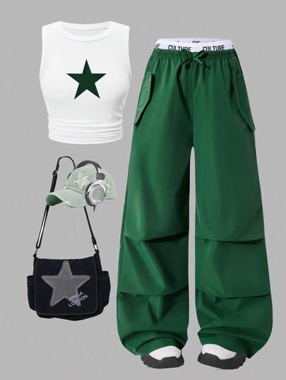 SHEIN ChillGRL 2pcs/Set Tween Girl Star Print Side Drawstring Top Paired With Waist Color Blocking Cargo Pocket Pants, Casual Street Style, Spring/Summer