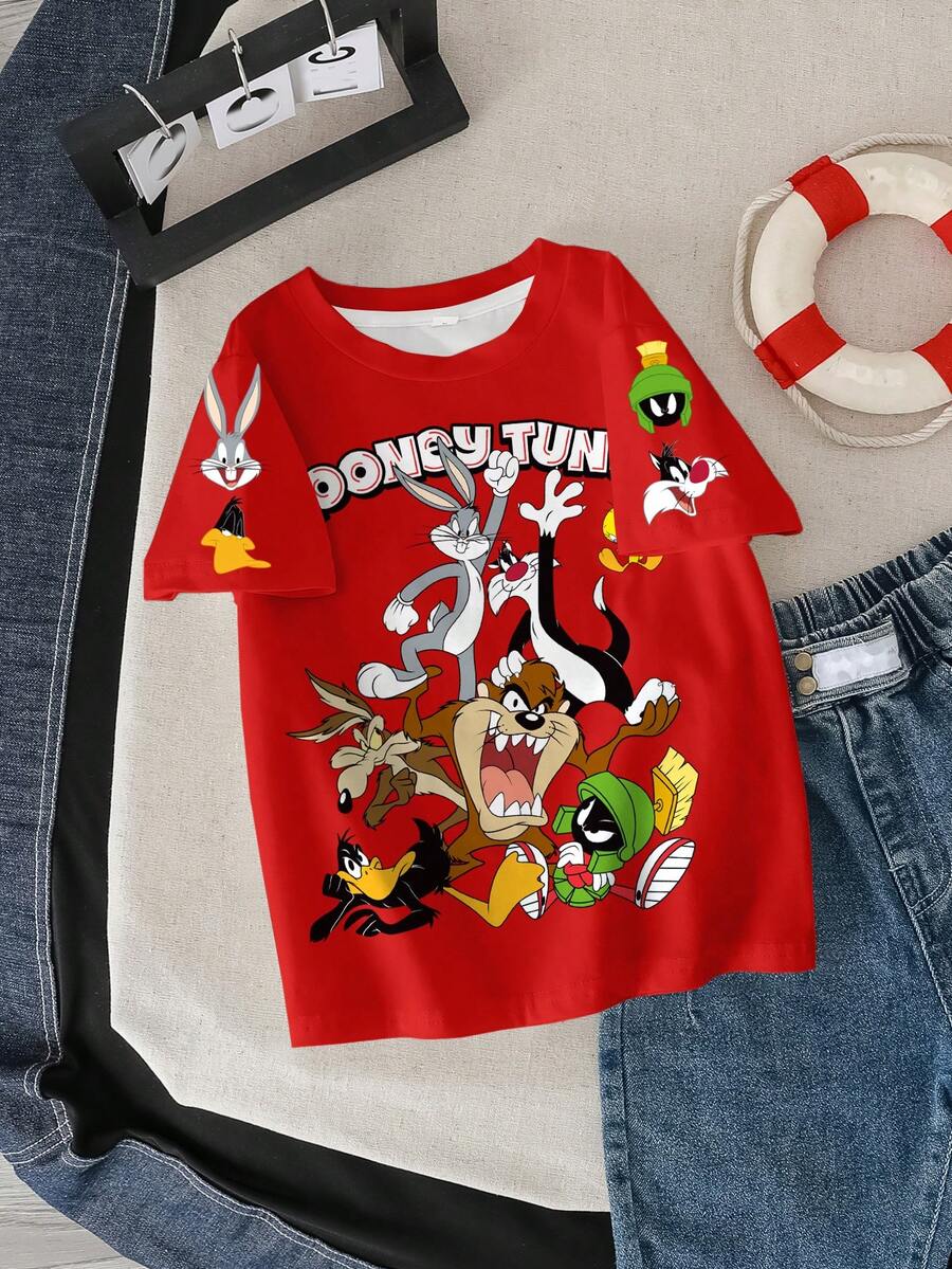 LOONEY TUNES X SHEIN 男童夏季休闲动物纹圆领短袖T恤 - 白色 - 查看 1