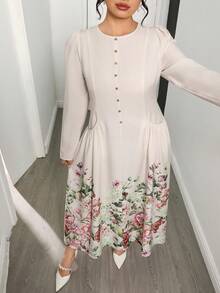 Modelyn 大码女式印花圆领泡泡袖口袋优雅连衣裙 - 彩色 - 查看 6