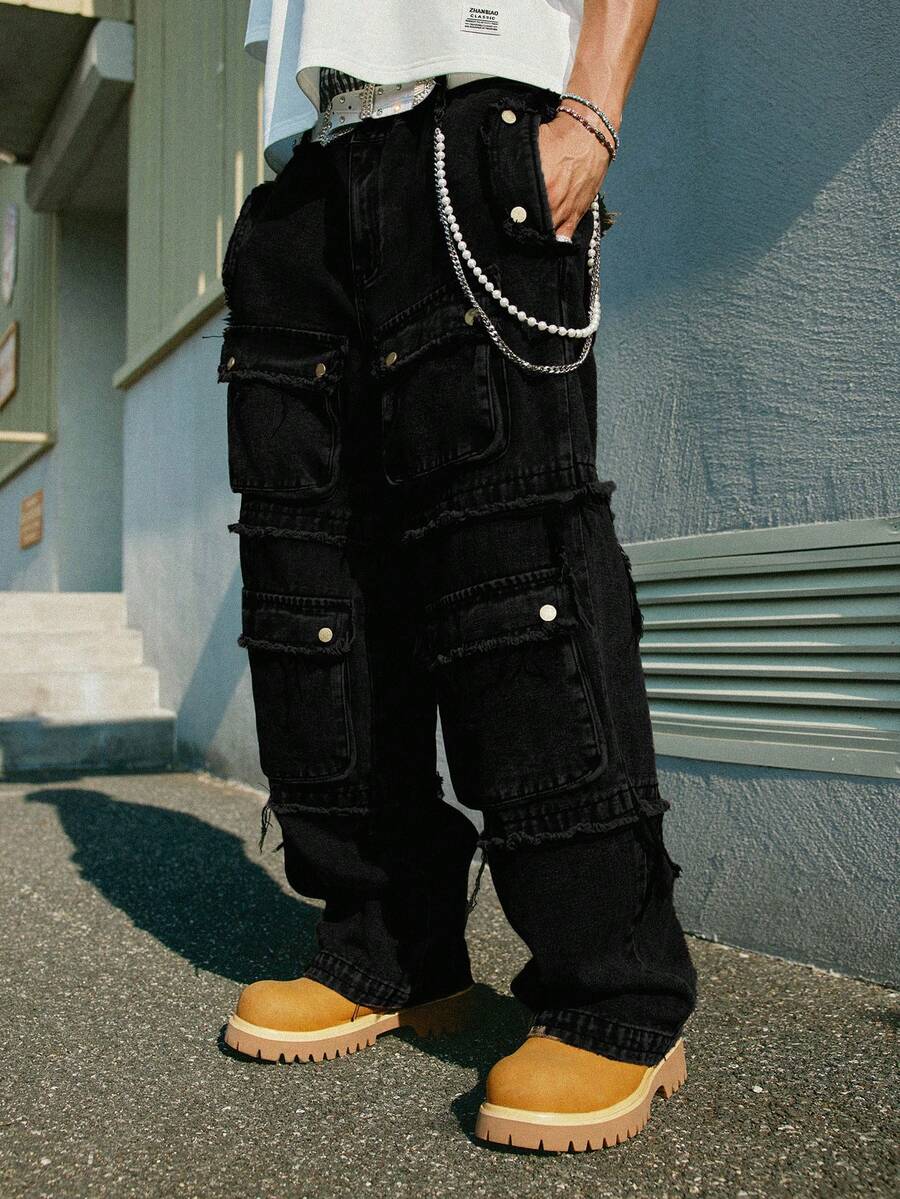 PAVTROS 男士时尚嘻哈多口袋宽松牛仔裤 - 黑色 - 查看 1