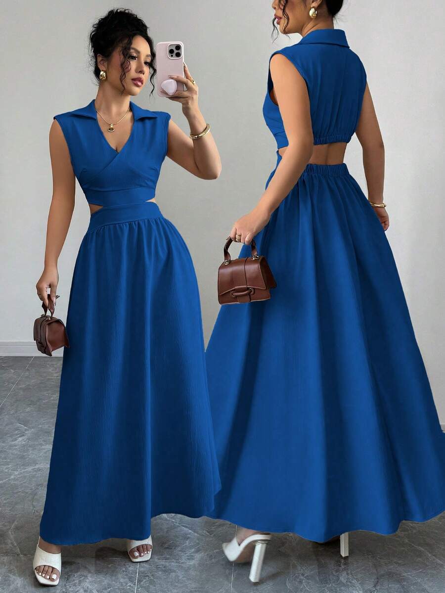 Elenzga Women's Khaki V-Neck Sleeveless Dress With Waist Design - Royal Blue - View 1