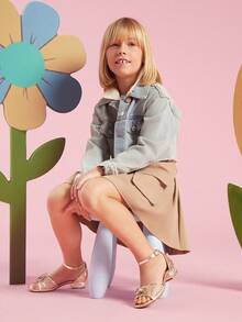 Mini mi 女童踝带低跟水晶吹风水钻蝴蝶结网眼金属金色连衣裙凉鞋 – 闪亮水晶鞋跟，优雅舒适。 - 金色 - 查看 7