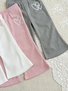 SHEIN 3pcs/Set Girls Solid Color Knit Flared Leggings, Elastic Waist Casual Everyday Pants With Cute Heart Print Decor, Suitable For Spring, Summer, Autumn
