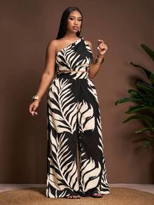 Veslaya 春夏新款优雅度假风性感修身黑色杏色热带植物印花无袖露脐上衣和口袋阔腿裤女式加大码两件套 - 黑與白 - 查看 8