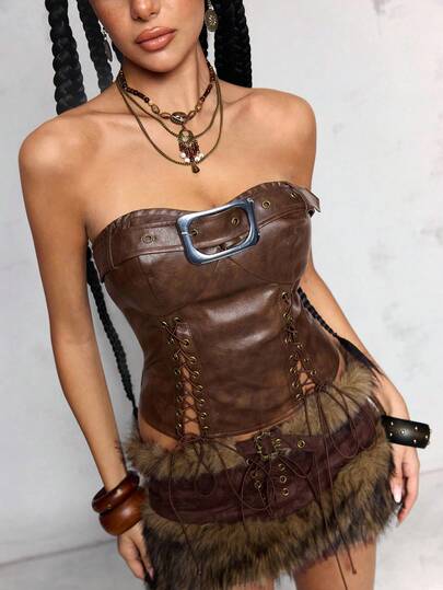 ROMWE Avant Miralda Lederoberteil mit Schnürung und Bandeau-Ausschnitt, sexy Crop Top