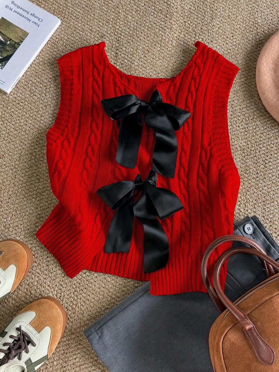 Elamini Women's Elegant Fashion Versatile Round Neck Twist Rope Braided Bow Tie Knitted Sweater Vest, Spring/Summer - Red - View 1